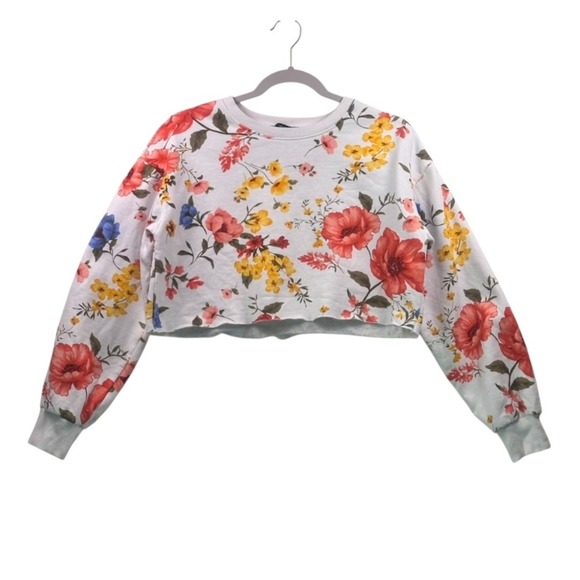 Forever 21 Floral Print Cropped Sweatshirt White Multicolor Size S - Picture 7 of 16